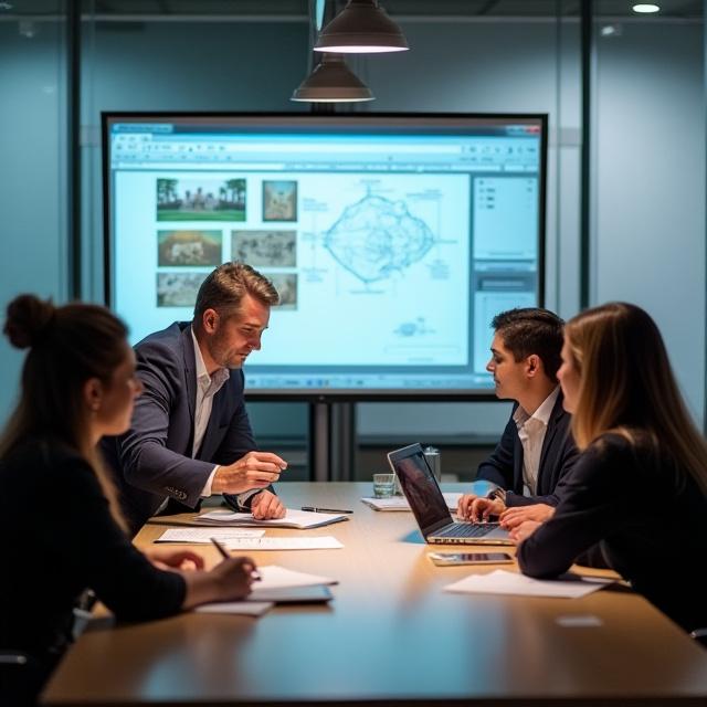 Un gruppo di professionisti in una sala conferenze, che discutono un progetto di allestimento museale con proiezioni e schemi, evidenziando la consulenza culturale.